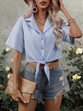 Solid Color Tie Front Short Sleeve Button Down Crop Shirt